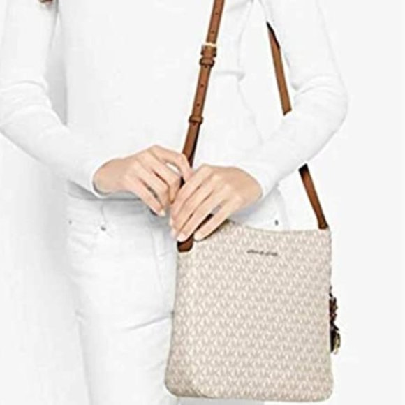 NWT Michael Kors Jet Set Travel Tote Crossbody Shoulder Bag Vanilla Logo Brown - Picture 14 of 16
